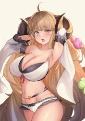 Rule 34 | absurdres, ahoge, anila (granblue fantasy), anila (summer) (granblue fantasy), bikini, blonde hair, breasts, cleavage, draph, granblue fantasy, highres, horns, large breasts, long hair, looking at viewer, mr2d, open mouth, sheep horns, short eyebrows, solo, swimsuit, thighs, white bikini, yellow eyes