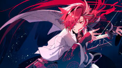 Rule 34 | 1boy, age nasuo, asymmetrical hair, blood, blood on face, blood on hands, crazy grin, fate/grand order, fate (series), hair over one eye, highres, holding, holding sword, holding weapon, instrument, long hair, long sleeves, multicolored hair, ponytail, red eyes, red hair, shamisen, smile, solo, streaked hair, sword, takasugi shinsaku (fate), teeth, two-tone hair, very long hair, weapon, wide sleeves