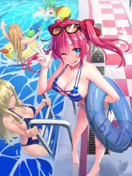 Rule 34 | 4girls, :q, azur lane, ball, beachball, bikini, blonde hair, blue eyes, blush, breasts, casual one-piece swimsuit, charles ausburne (azur lane), checkered floor, cleavage, climbing, closed eyes, collarbone, eyewear on head, food, food in mouth, foote (azur lane), from above, halterneck, highres, innertube, medium breasts, monokini, multiple girls, nevada (azur lane), o-ring, o-ring swimsuit, oguro (xhlj), one-piece swimsuit, one eye closed, partially submerged, pink hair, pool, popsicle, popsicle stick, san diego (azur lane), side-tie bikini bottom, standing, striped bikini, striped clothes, sunglasses, swim ring, swimsuit, tongue, tongue out, twintails, v, water gun, wet