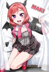 Rule 34 | 1girl, beads, bed, bed sheet, black coat, blush, breasts, character name, cleavage, coat, curtains, demon tail, demon wings, detached collar, fake horns, headband, highres, horned headwear, horns, looking at viewer, love live!, love live! school idol festival, love live! school idol project, necktie, nishikino maki, on bed, open mouth, plaid, plaid skirt, pleated skirt, purple eyes, red footwear, red hair, short hair, simple background, sitting, skirt, sleeve cuffs, smile, tail, white background, wings, wrist cuffs, yopparai oni