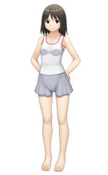 Rule 34 | 1girl, barefoot, black eyes, black hair, breasts, closed mouth, commentary, full body, grey shorts, hands on own hips, highres, looking at viewer, loungewear, maburu (lojyq1eur3e8bit), original, short hair, shorts, simple background, small breasts, smile, solo, standing, tank top, white background