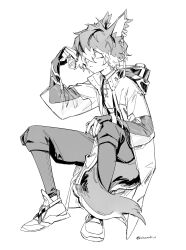 Rule 34 | 1boy, aak (arknights), arknights, artist name, black nails, cat boy, cat tail, from side, furry, furry male, greyscale, head rest, highres, holding, holding vial, jacket, male focus, misaaaki o, monochrome, open clothes, open jacket, pants, shirt, short hair, simple background, sitting, slit pupils, solo, tail, twitter username, vial, white background