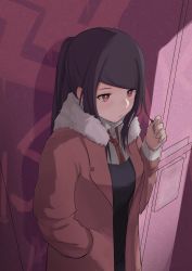 Rule 34 | 1girl, closed mouth, coat, door, eyebrows hidden by hair, graffiti, twirling hair, highres, jill stingray, long hair, necktie, ponytail, purple hair, red eyes, red necktie, shirt, sidelocks, sikohiji, solo, standing, swept bangs, tagme, twintails, uniform, va-11 hall-a, vest, white shirt