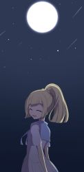 Rule 34 | 1girl, :d, ^ ^, arms behind back, blonde hair, blunt bangs, braid, closed eyes, creatures (company), french braid, full moon, game freak, green eyes, high ponytail, highres, lillie (pokemon), long hair, mikuji, miniskirt, moon, night, night sky, nintendo, omikuji (fortunemagnolia), open mouth, outdoors, pleated skirt, pokemon, pokemon sm, shirt, short sleeves, skirt, sky, smile, solo, spoilers, teeth, white shirt, white skirt