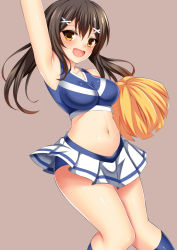 Rule 34 | 1girl, :d, arm up, armpits, bare arms, bare shoulders, blue shirt, blue socks, blush, brown background, brown eyes, brown hair, cheerleader, collarbone, commentary request, crop top, hair between eyes, hair ornament, holding, kneehighs, long hair, midriff, navel, open mouth, original, pleated skirt, pom pom (cheerleading), shirt, simple background, skirt, sleeveless, sleeveless shirt, smile, socks, solo, toshishikisai, white skirt, x hair ornament