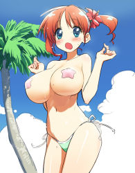 Rule 34 | 1girl, :o, bikini, bikini bottom only, blue eyes, blush, breasts, flower, hair flower, hair ornament, hibiscus, huge breasts, jiyu2, large breasts, navel, open mouth, palm tree, pasties, red hair, short twintails, side-tie bikini bottom, solo, star-shaped pasties, star (symbol), star pasties, sweat, swimsuit, tree, twintails