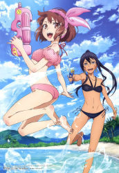 Rule 34 | 2girls, :d, absurdres, aiming, airborne, armpits, ass, bare shoulders, barefoot, bikini, black hair, blue sky, blush, body blush, bracelet, breasts, brown eyes, brown hair, bush, cloud, cloudy sky, collarbone, dark-skinned female, dark skin, day, earrings, eyes visible through hair, gluteal fold, gold earrings, grey eyes, gun, hair between eyes, hairband, highres, holding, holding gun, holding weapon, jewelry, jumping, llenn (sao), long hair, looking at another, looking at viewer, magazine scan, medium breasts, megami magazine, mountain, multiple girls, navel, nishimura rie, official art, open hand, open mouth, outdoors, p-chan (p90), palm tree, pink bikini, pink hairband, pinky out, pitohui (sao), polka dot, polka dot bikini, polka dot bikini top, ponytail, round teeth, running, sand, scan, shore, short hair, side-tie bikini bottom, sky, small breasts, smile, swimsuit, sword art online, sword art online alternative: gun gale online, tattoo, teeth, tongue, tree, water, water gun, weapon, yellow bracelet