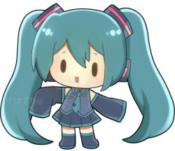 Rule 34 | 1girl, chibi, collared shirt, detached sleeves, full body, hair ornament, hatsune miku, long hair, looking at viewer, necktie, open mouth, pleated skirt, shirt, skirt, sleeveless, sleeveless shirt, sleeves past fingers, sleeves past wrists, smile, solid oval eyes, solo, tiffuh, very long hair, vocaloid