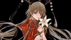 Rule 34 | 1girl, black background, blonde hair, bow, chinese clothes, dress, flower, flower over mouth, highres, holding, holding flower, junko (touhou), lily (flower), long hair, looking at viewer, simple background, smile, solo, sosei, tabard, touhou, white flower