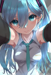 Rule 34 | 1girl, aqua eyes, aqua hair, aqua necktie, armpits, bare shoulders, black sleeves, breasts, close-up, commentary, detached sleeves, grey shirt, hair ornament, hatsune miku, highres, indoors, leaning forward, long hair, looking at viewer, medium breasts, necktie, outstretched arms, pov, shirt, sidelighting, skinny, sleeveless, sleeveless shirt, smile, solo, tight clothes, tight shirt, twintails, twitter username, upper body, vocaloid, window, yukichi (yu-ame)