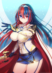 Rule 34 | 1girl, alear (fire emblem), blue eyes, blue hair, breasts, cape, fire emblem, fire emblem engage, garter straps, heterochromia, highres, kashiwamochi yomogi, large breasts, long hair, looking at viewer, miniskirt, multicolored hair, nintendo, red eyes, red hair, skirt, solo, sword, thighhighs, tiara, two-tone hair, very long hair, weapon