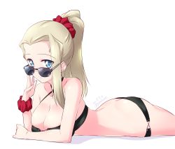 Rule 34 | 1girl, adjusting eyewear, adjusting glasses, arm support, ass, bikini, black bikini, blonde hair, blue eyes, breasts, butt crack, clara (girls und panzer), cleavage, closed mouth, commentary, dated, from side, girls und panzer, hair up, highres, kuzuryuu kennosuke, large breasts, long hair, looking at viewer, looking over eyewear, looking over glasses, lying, on stomach, one-hour drawing challenge, ponytail, red scrunchie, scrunchie, simple background, smile, solo, sunglasses, swimsuit, tinted eyewear, twitter username, white background, wrist scrunchie