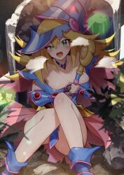 Rule 34 | 1girl, bare shoulders, blonde hair, blue footwear, blue hat, blush, blush stickers, boots, breasts, choker, cleavage, cluseller, commentary request, dark magician girl, duel monster, green eyes, hair between eyes, hat, large breasts, long hair, looking at viewer, open mouth, shadow, solo, staff, sweat, wizard hat, yu-gi-oh!, yu-gi-oh! duel monsters