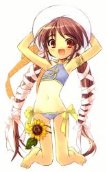 Rule 34 | 1girl, :d, arms up, bikini, covered erect nipples, flat chest, flower, hair ribbon, hat, ito noizi, kneeling, long hair, navel, one-piece tan, open mouth, purple bikini, ribbon, simple background, smile, solo, sunflower, swimsuit, tan, tanline, twintails, very long hair, white background