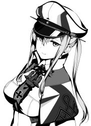 Rule 34 | 1girl, anchor, breasts, capelet, celtic knot, cross, graf zeppelin (kancolle), greyscale, hair between eyes, hat, highres, iron cross, kantai collection, lips, long hair, military, military hat, military uniform, monochrome, peaked cap, rokuwata tomoe, simple background, smile, solo, twintails, uniform, upper body, white background