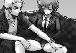 Rule 34 | 1boy, 1girl, absurdres, anabel (pokemon), arms behind back, bad id, bad twitter id, blush, breast pocket, breasts, chouku tetsushitsuiwa, closed mouth, collared shirt, couch, creatures (company), formal, game freak, grey background, greyscale, half-closed eyes, highres, island kahuna, jacket, jewelry, leg grab, long sleeves, looking at another, looking down, monochrome, nanu (pokemon), necktie, nintendo, no pants, on couch, open clothes, open jacket, outstretched arms, panties, parted lips, pendant, pocket, pokemon, pokemon sm, shirt, short hair, short sleeves, sitting, sketch, small breasts, spread legs, suit, sweat, underwear, watch, wing collar, wristwatch