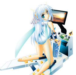 Rule 34 | 1girl, ass, barefoot, battery, blue eyes, breasts, character request, eneloop, from behind, headgear, kai yuuki, kneeling, leotard, long hair, looking at viewer, looking back, medium breasts, parted lips, personification, screen, source request, vambraces, white background, white hair, white leotard, wings