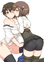 Rule 34 | 10s, 2girls, ass, bare shoulders, bike shorts, black legwear, blush, breasts, brown eyes, brown hair, cover, cover page, headband, japanese clothes, kaga (kancolle), kantai collection, large breasts, licking, lock heart (juuryokudou), multiple girls, off shoulder, one eye closed, open mouth, panties, panties under bike shorts, pantylines, short hair, side-tie panties, simple background, skirt, skirt around one leg, taihou (kancolle), thighhighs, tongue, tongue out, underwear, white background, white panties, yuri