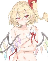 Rule 34 | 1girl, blonde hair, bow, breasts, closed mouth, collarbone, covering privates, covering breasts, cowboy shot, crystal, embarrassed, flandre scarlet, groin, hair between eyes, hair bow, jitome, looking at viewer, medium hair, navel, nude, one side up, paragasu (parags112), red eyes, ribbon, simple background, small breasts, solo, touhou, white background, wings, wrist cuffs