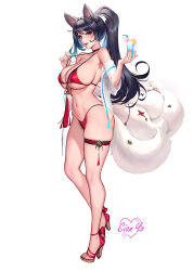 Rule 34 | 1girl, ahri (league of legends), animal ears, bikini, black hair, blue eyes, breasts, choker, cian yo, cup, drinking glass, energy ball, facial mark, food, fox ears, fox girl, fox tail, fruit, high heels, large breasts, league of legends, lemon, lemon slice, lipstick, makeup, multiple tails, ponytail, red bikini, red choker, swimsuit, tail, thick thighs, thigh strap, thighs, whisker markings, white background