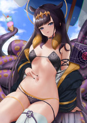Rule 34 | 1girl, animal ears, beach umbrella, bikini, black choker, black hair, black nails, blue eyes, blue sky, blunt bangs, book, breasts, cherry, choker, commentary, cyicheng, double scoop, english commentary, extra ears, food, fruit, grimoire, hair ornament, holding, holding food, holding ice cream, hololive, hololive english, ice cream, ice cream cone, layered bikini, long hair, looking at viewer, mole, mole under eye, nail polish, navel, ninomae ina&#039;nis, outdoors, paid reward available, revision, sidelocks, single thighhigh, sitting, sky, small breasts, solo, spread navel, stomach, strapless, strapless bikini, swimsuit, tentacle hair, tentacles, thigh strap, thighhighs, thighs, tongue, tongue out, umbrella, v, very long hair, virtual youtuber