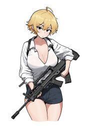 1girl ahoge assault_rifle blonde_hair breasts brown_eyes bullpup check_weapon cleavage cocktiel77 commentary_request cropped_legs gun hair_between_eyes holding holding_weapon korean_commentary large_breasts looking_at_viewer original qbz-95 rifle shirt short_hair short_shorts shorts simple_background solo weapon weapon_request white_background white_shirt