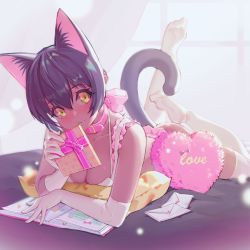Rule 34 | 1girl, :3, absurdres, animal ears, ass, asymmetrical gloves, bed sheet, book, bow, box, breasts, cat ears, cat girl, cat tail, cleavage, collar, collarbone, commentary, curtains, dark-skinned female, dark skin, english commentary, envelope, fang, fang out, fiodo, fireflies, frills, gift, gift box, gloves, head tilt, heart, highres, holding, holding gift, indoors, leg up, letter, looking at viewer, love letter, lying, medium breasts, no shoes, on bed, on stomach, open book, original, panties, pillow, pink bow, pink panties, purple hair, ribbon, smile, solo, tail, thighhighs, underwear, underwear only, uneven gloves, white gloves, white thighhighs, window, yellow eyes