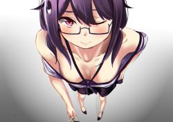 Rule 34 | 1girl, ;), bare shoulders, blush, breasts, cleavage, collarbone, commentary request, doushi tatsu to dekkai no, from above, hair flaps, high heels, kantai collection, large breasts, looking at viewer, low twintails, no bra, one eye closed, purple hair, red eyes, semi-rimless eyewear, shirt, simple background, smile, solo, taigei (kancolle), twintails, white background