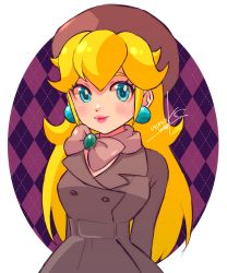Rule 34 | 1girl, artist name, beret, black background, black coat, black hat, blonde hair, blue eyes, blush, bow, breasts, buttons, checkered background, closed mouth, coat, coat dress, earrings, eyelashes, hat, highres, jewelry, lips, long hair, long sleeves, looking at viewer, mario (series), nintendo, nonoworks, pink background, princess peach, scarf, scarf bow, signature, smile, solo, super mario odyssey, white background, white scarf, winter clothes