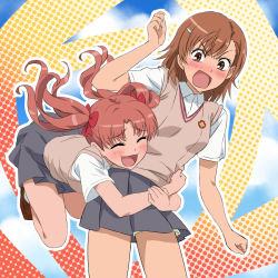 2girls angry bad_id bad_pixiv_id bent_over blush brown_eyes brown_hair clenched_hand closed_eyes embarrassed female_focus hair_ornament hair_ribbon hairclip happy hug hug_from_behind kagero_(plusup) long_hair misaka_mikoto multiple_girls open_mouth pink_hair ribbon school_uniform serafuku shirai_kuroko shoes short_hair shorts shorts_under_skirt skirt smile sweater_vest toaru_kagaku_no_railgun toaru_majutsu_no_index twintails yuri