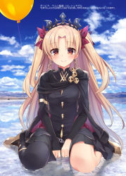 Rule 34 | 1girl, armlet, asymmetrical sleeves, balloon, bankoku ayuya, between legs, black cape, black dress, black thighhighs, blonde hair, blue sky, blush, bow, brown eyes, cape, cloud, day, diadem, dress, earrings, ereshkigal (fate), ereshkigal (third ascension) (fate), fate/grand order, fate (series), full body, hair bow, hand between legs, jewelry, long hair, looking at viewer, pleated dress, red bow, short dress, single thighhigh, sky, smile, solo, standing, thighhighs, twintails, two side up, uneven sleeves, very long hair