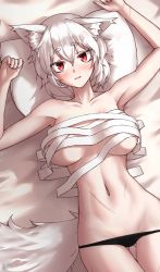 Rule 34 | 1641 (chfhrtor94), 1girl, animal ear fluff, animal ears, armpits, arms up, black panties, blush, breasts, chest sarashi, cowboy shot, from above, gluteal fold, groin, hair between eyes, highres, inubashiri momiji, korean commentary, large breasts, looking at viewer, lying, navel, no shirt, on back, on bed, panties, panty pull, parted lips, pillow, red eyes, sarashi, scar, short hair, signature, silver hair, solo, stomach, symbol-only commentary, tail, thick eyebrows, thigh gap, touhou, underwear, wolf ears, wolf girl, wolf tail