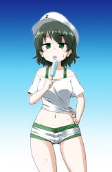 Rule 34 | 1girl, bare shoulders, black hair, blush, contrapposto, food, gradient background, green eyes, hand on own hip, hat, kousei (public planet), midriff, murasa minamitsu, off-shoulder shirt, off shoulder, popsicle, sailor hat, shirt, short shorts, shorts, solo, standing, sweat, tied shirt, touhou