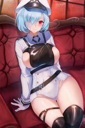 Rule 34 | 1girl, absurdres, azur lane, bandage over one eye, black thighhighs, blue hair, breast cutout, breasts, buttons, collared leotard, commentary, double-breasted, english commentary, framed breasts, gloves, hair over one eye, hat, highres, kuybyshev (azur lane), lapokato, large breasts, leotard, long sleeves, looking at viewer, o-ring strap, peaked cap, red eyes, short hair, sideboob, sitting, solo, thigh strap, thighhighs, white gloves, white hat, white leotard