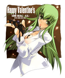 Rule 34 | 00s, 1girl, blush, breasts, c.c., chocolate, cleavage, code geass, food, green hair, happy valentine, large breasts, nagare hyougo, pizza, solo, valentine