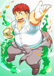 Rule 34 | 1boy, bara, blush, candy, chalice, clothes around waist, cup, fat, fat man, food, full body, chalice, jacket, jacket around waist, lollipop, looking at viewer, male focus, mouth hold, nol, open mouth, red eyes, red hair, school uniform, shirt, smile, solo, tokyo houkago summoners, yakushimaru ryota, yakushimaru ryouta