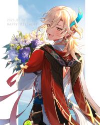 Rule 34 | 1boy, :d, ari (bleum), birthday, blonde hair, blue feathers, bouquet, cape, dated, earrings, feather hair ornament, feathers, flower, from behind, genshin impact, gold earrings, hair between eyes, hair ornament, happy birthday, highres, holding, holding bouquet, jewelry, kaveh (genshin impact), long sleeves, looking at viewer, low ponytail, male focus, medium hair, open mouth, orange eyes, ponytail, purple flower, red cape, shirt, sky, smile, solo, vision (genshin impact), white flower, white shirt