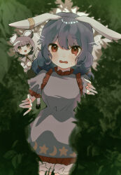 Rule 34 | 2girls, animal ears, blue dress, blue hair, capelet, crescent print, dowsing rod, dress, frilled dress, frills, grey capelet, grey dress, grey hair, highres, long hair, mouse ears, multiple girls, nazrin, open mouth, rabbit ears, red eyes, seiran (touhou), short hair, short sleeves, star (symbol), star print, stella (pokopokobanana), touhou, unfinished dream of all living ghost