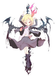 Rule 34 | 1girl, adapted costume, arms up, black wings, blonde hair, boots, hair ribbon, highres, jacket, kuroneko no toorimichi, long sleeves, navel, necktie, open clothes, open jacket, red eyes, red necktie, ribbon, rumia, shirt, skirt, solo, touhou, wings