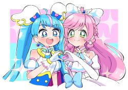 Rule 34 | 2girls, :d, ahoge, aqua eyes, aqua hair, arm at side, ascot, blue bow, blue ribbon, blunt bangs, blush, border, bow, bowtie, braid, closed mouth, collared dress, collared shirt, cropped torso, cure prism, cure sky, detached sleeves, diagonal bangs, dot nose, dress, earrings, elbow gloves, fingerless gloves, gloves, green eyes, hair bow, hair ornament request, heart, heart hands, heart hands duo, highres, hirogaru sky! precure, jewelry, long hair, looking at viewer, magical girl, meranoreuka (pandapaca), multi-tied hair, multiple girls, neck ribbon, nijigaoka mashiro, open mouth, precure, puffy short sleeves, puffy sleeves, ribbon, shirt, short sleeves, side braid, sidelocks, sleeveless, sleeveless dress, sleeveless shirt, smile, sora harewataru, sparkle, split mouth, swept bangs, twintails, two-tone background, upper body, very long hair, white ascot, white border, white bow, white dress, white gloves, white shirt, wing hair ornament
