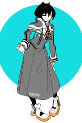 Rule 34 | 1girl, black hair, closed eyes, closed mouth, colored inner hair, colored skin, contrapposto, dress, full body, grey dress, hand on own hip, idkuroi, kokubunji suou, long sleeves, mechanical ears, medium hair, mole, mole under mouth, multicolored hair, original, shoes, smile, solo, white skin