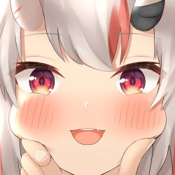 Rule 34 | 1girl, absurdres, blush, cheek squash, close-up, fang, hand on another&#039;s chin, highres, hololive, horns, multicolored hair, nakiri ayame, open mouth, pemoyashi (tianoblue), portrait, red eyes, red hair, solo focus, streaked hair, virtual youtuber, white hair