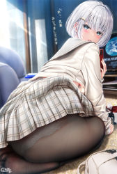 Rule 34 | 1girl, arm support, bag, black eyes, black pantyhose, blouse, blush, breasts, cellphone, controller, from behind, game console, game controller, grey hair, grey skirt, hair ornament, hairclip, highres, holding, holding phone, indoors, large breasts, long sleeves, looking at viewer, looking back, midriff, on floor, open mouth, original, panties, panties under pantyhose, pantyhose, phone, plaid, plaid skirt, sailor collar, school bag, school uniform, shirt, short hair, skirt, smartphone, soles, solo, speech bubble, sunlight, television, underboob, underwear, unohana pochiko, white shirt, window
