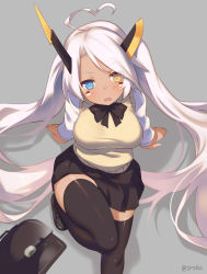 Rule 34 | 1girl, ahoge, arm support, azur lane, black bow, black bowtie, black footwear, black skirt, black thighhighs, blouse, blue eyes, bow, bowtie, breasts, dark-skinned female, dark skin, facial mark, grey background, heart, heart ahoge, heterochromia, horns, indianapolis (azur lane), large breasts, leaning back, long hair, long sleeves, looking at viewer, parted lips, pink hair, pleated skirt, shirt, shoes, simple background, sitting, skirt, sleeveless, solo, supershiruco, thighhighs, twintails, twitter username, very long hair, vest, white shirt, yellow eyes