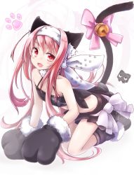 Rule 34 | 1girl, akino coto, all fours, animal ears, animal hands, bare shoulders, bell, blush stickers, cat ears, gloves, highres, long hair, looking at viewer, open mouth, original, paw gloves, pink hair, red eyes, ribbon, solo, strapless, tail, tail bell, tail ornament, tail ribbon, tube top