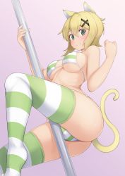 Rule 34 | 10s, 1girl, akatsuki kirika, alfort (may0508), animal ears, ass, bikini, blonde hair, blush, breasts, cameltoe, cat ears, cat tail, closed mouth, covered erect nipples, dutch angle, gradient background, green eyes, hair ornament, highres, large breasts, looking at viewer, micro bikini, pink background, pole, pole dancing, purple background, senki zesshou symphogear, short hair, skindentation, smile, solo, striped bikini, striped clothes, striped thighhighs, stripper pole, sweat, swimsuit, tail, thighhighs, x hair ornament