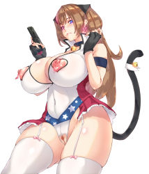 Rule 34 | 1girl, animal ears, bare shoulders, bell, blue eyes, blush, breasts, breasts out, brown hair, cat ears, cat tail, censored, cleavage, clothing cutout, collar, covered navel, crotchless, curvy, female pubic hair, fingerless gloves, garter straps, girls&#039; frontline, gloves, gun, h&amp;k mark 23, handgun, heart cutout, heckler &amp; koch, heterochromia, highres, huge breasts, leotard, long hair, match grade, match grade firearm, match grade pistol, mk23 (girls&#039; frontline), mosaic censoring, neck bell, nipple cutout, nipple piercing, nipples, offensive handgun, piercing, pubic hair, puffy nipples, purple eyes, pussy, revealing clothes, smile, solo, standing, tail, thick thighs, thighhighs, thighs, weapon, white garter straps, white thighhighs, wide hips, yui.h