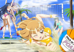 Rule 34 | 00s, ankoku tiger, ass, ball, beach volleyball, bikini, blonde hair, blue eyes, blue hair, bracelet, breasts, brown eyes, caren (mermaid melody pichi pichi pitch), cleavage, coco (mermaid melody pichi pichi pitch), green hair, green one-piece swimsuit, grey eyes, jewelry, jumping, large breasts, mermaid melody pichi pichi pitch, net, noel (mermaid melody pichi pichi pitch), one-piece swimsuit, playing sports, purple bikini, purple hair, sand, swimsuit, thong bikini, touin rina, volleyball, volleyball (object), yellow eyes, yellow one-piece swimsuit