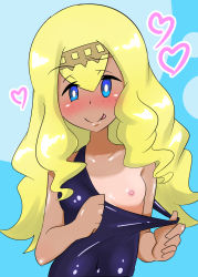 Rule 34 | 1girl, :p, a.k.o.t, a.k.o.t., blonde hair, blue eyes, blush, breasts, closed mouth, clothes pull, collarbone, covered navel, creatures (company), game freak, heart, highres, lana (pokemon), looking at viewer, naughty face, nintendo, nipples, one-piece swimsuit pull, one breast out, pokemon, pokemon (anime), pokemon sm (anime), shiny clothes, shiny skin, small breasts, solo, swimsuit, tan, tanline, tongue, tongue out, upper body, wig