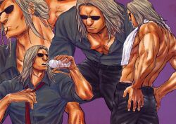 Rule 34 | 1boy, adjusting clothes, adjusting necktie, bara, big nose, drinking, feet out of frame, highres, hunter x hunter, long hair, male focus, morel mackernasey, multiple views, muscular, muscular male, necktie, nkwtsrsk hh, partially unbuttoned, pectoral cleavage, pectorals, revision, shirt, sunglasses, topless male, towel, towel around neck, tying hair, wrinkled skin